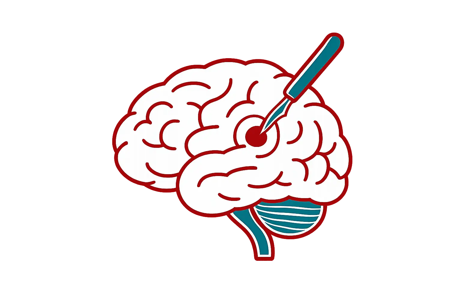 Illustration of a brain with a syringe injecting into its center, outlined in red with teal accents.