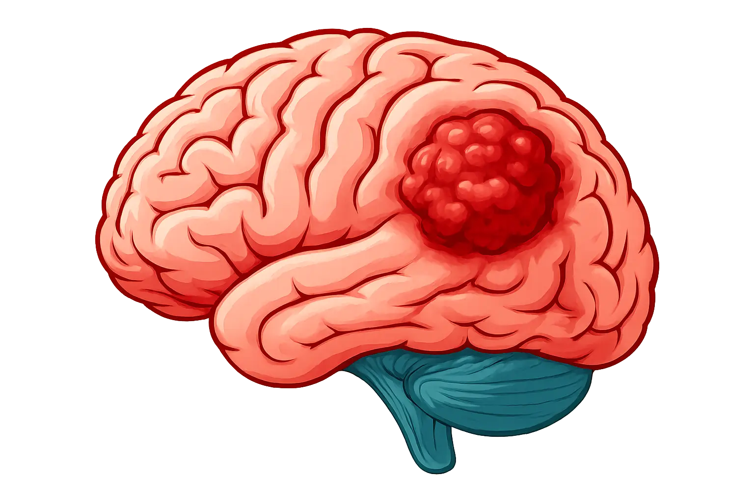 Illustration of a human brain with a red tumor on the right hemisphere against a warm gradient background.