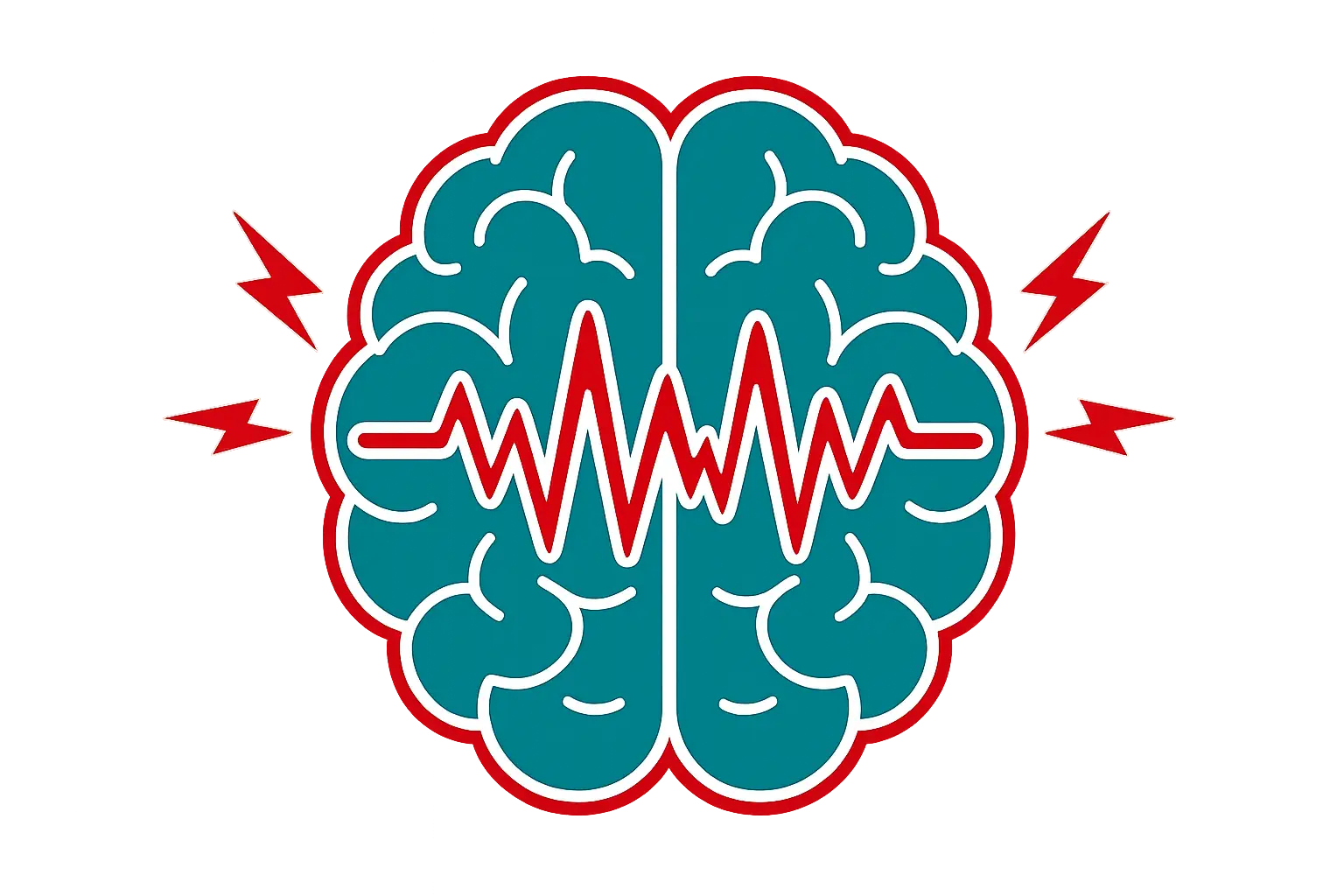 Teal stylized brain with a red EEG waveform across the middle and red glow around it, indicating brain activity in a graphic icon