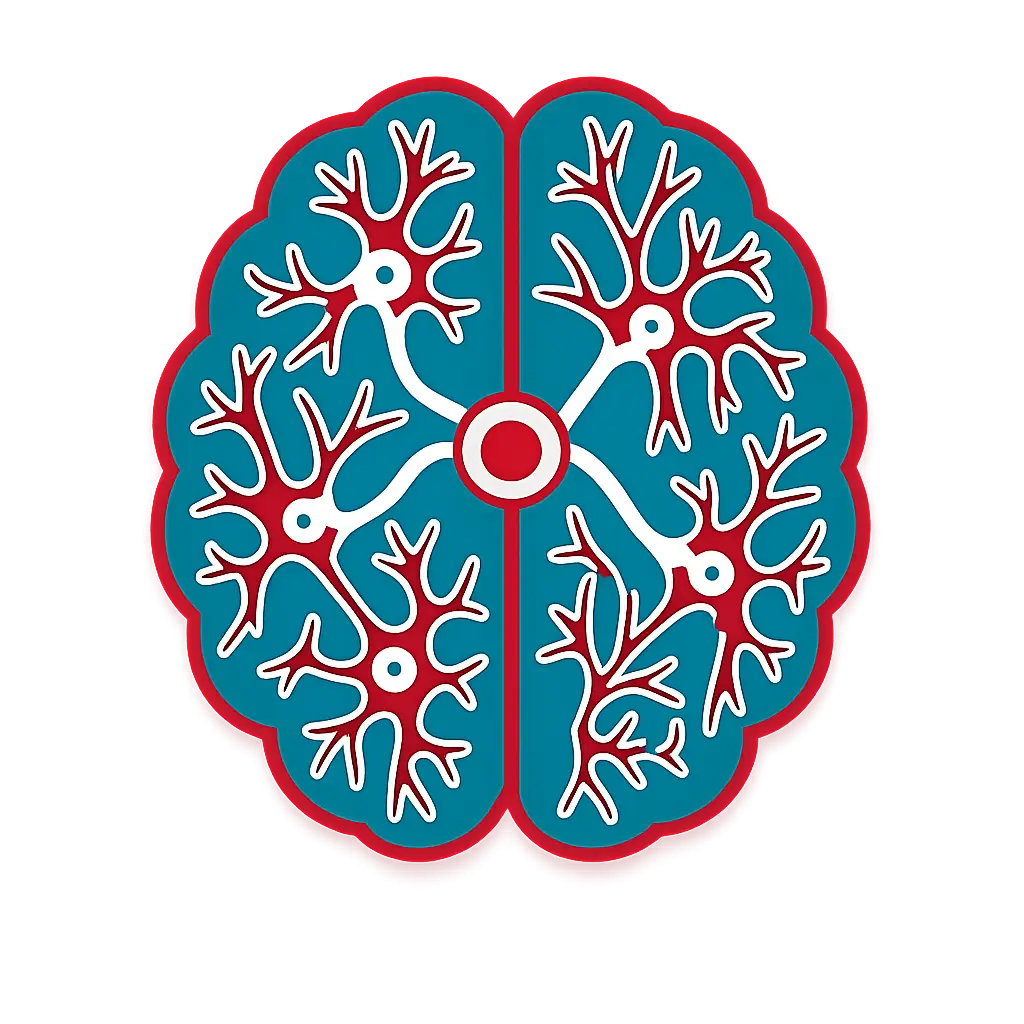 Stylized brain diagram showing neural networks across left and right hemispheres with a central red circle and teal lobes on a red gradient background.