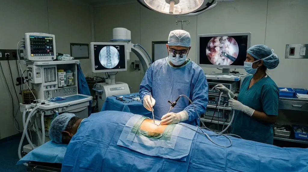 Surgeon in blue scrubs performing abdominal surgery with a patient draped in blue, illuminated by an overhead light, monitors showing internal views in the background.