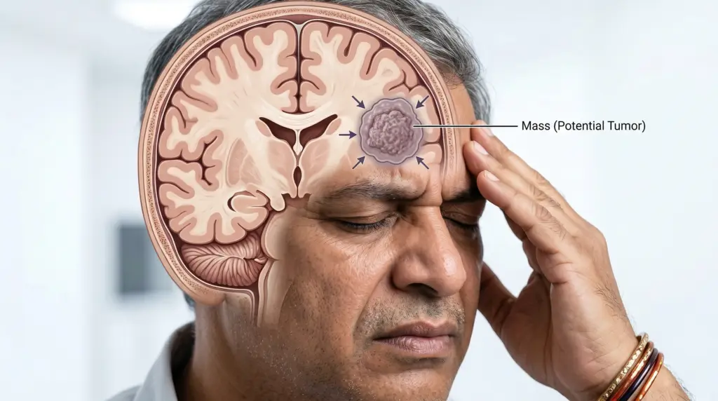Cross-section of the head showing exposed brain and a labeled mass indicating a potential tumor on the right side of the brain