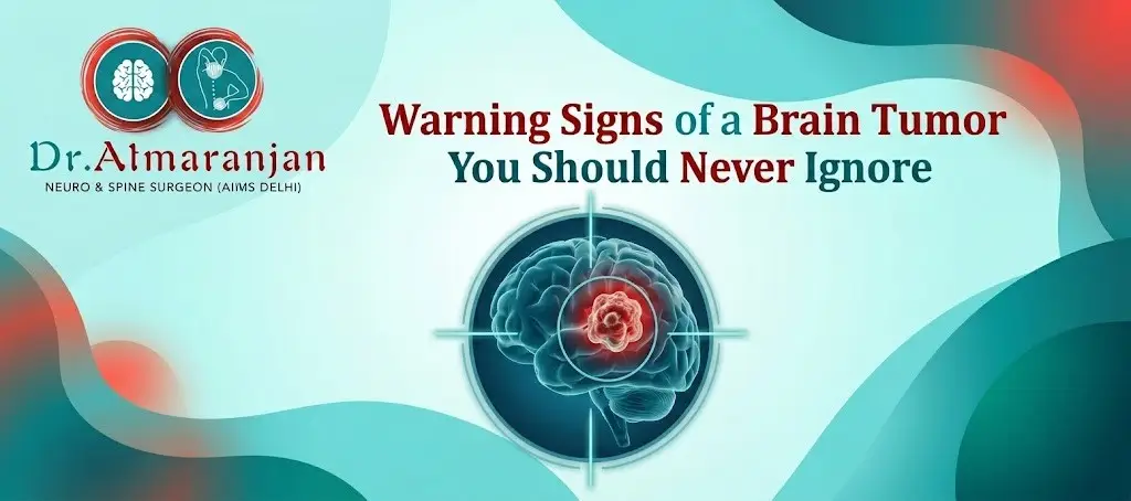 Banner about warning signs of brain tumor; brain image with red highlight and crosshair, plus a medical logo.