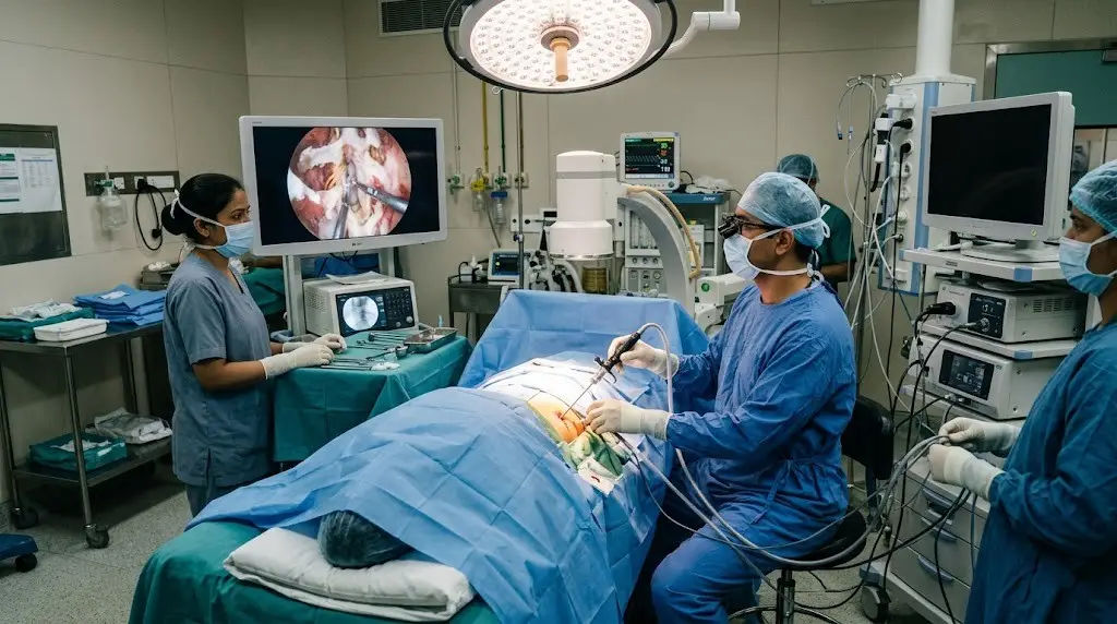 Surgeons perform an operation in an operating room, with a patient draped on the table and monitors nearby.