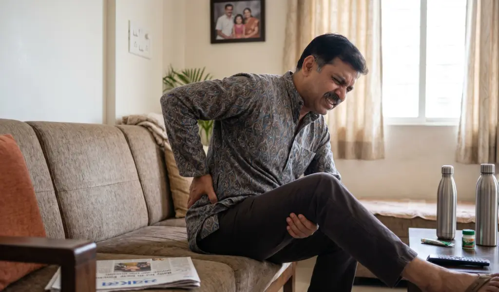 Man grimacing in pain while seated on a sofa, clutching his abdomen at home; newspaper and bottles on the coffee table nearby.