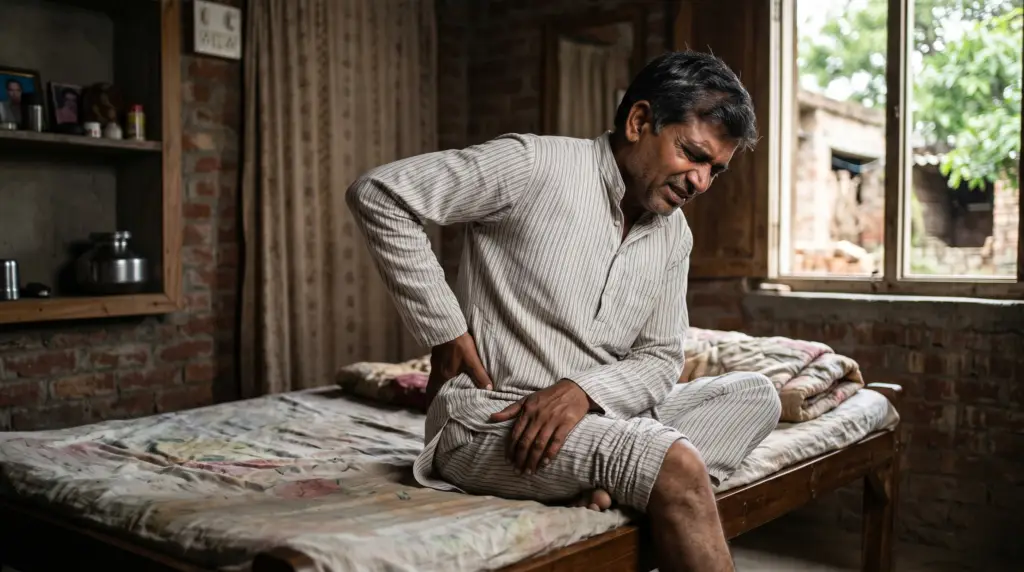 Middle-aged man in striped pajamas sits on a bed, clutching his abdomen in pain inside a brick-walled room.