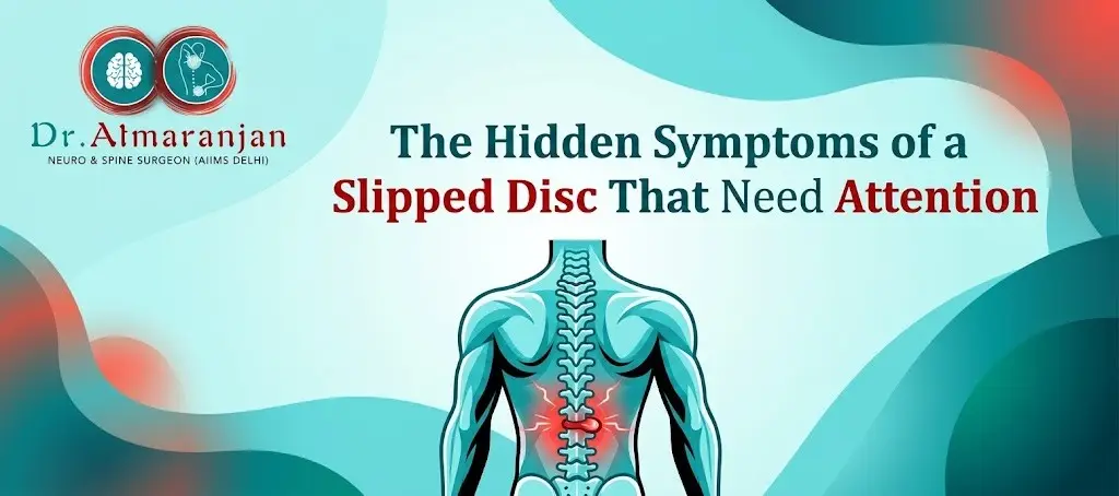 Banner for Dr. Altmanarian about hidden symptoms of a slipped disc; illustrated back spine highlighted in red.
