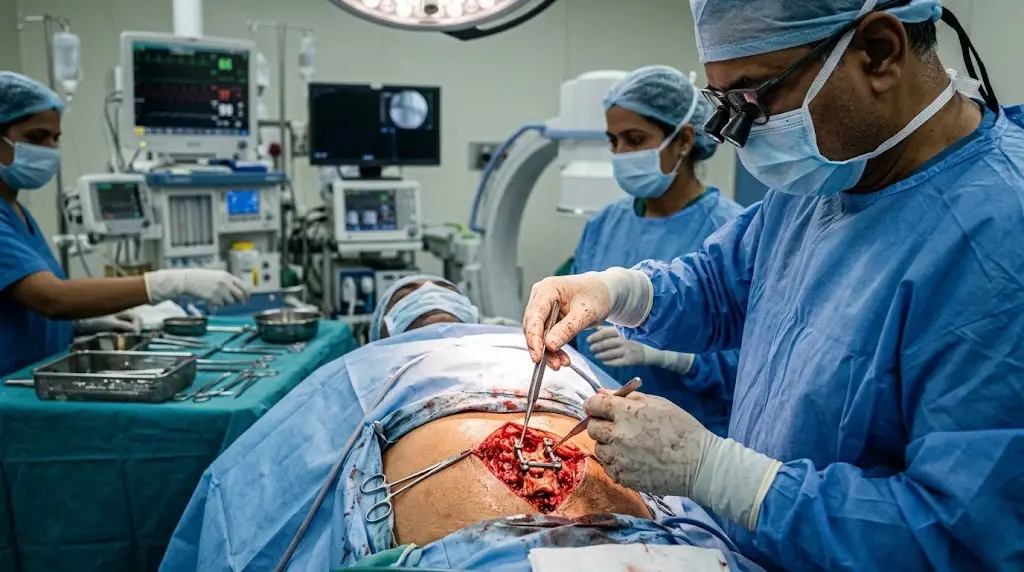 Open abdominal surgery in progress: surgeons in blue gowns and masks work around a patient on the operating table with surgical instruments nearby.