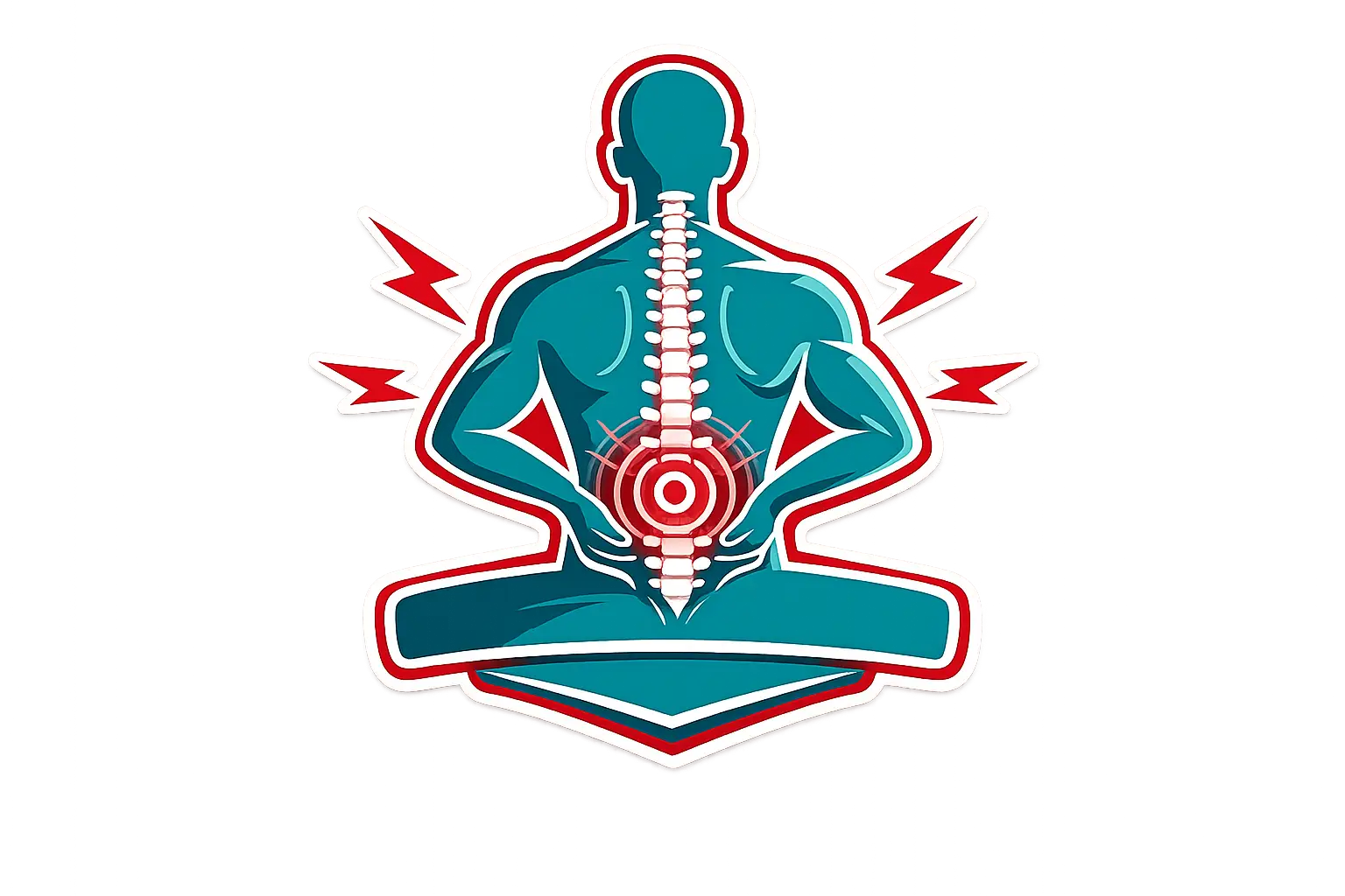 Stylized teal figure seated cross‑legged, with a highlighted spine and a red target on the lower back, surrounded by red lightning bolts.